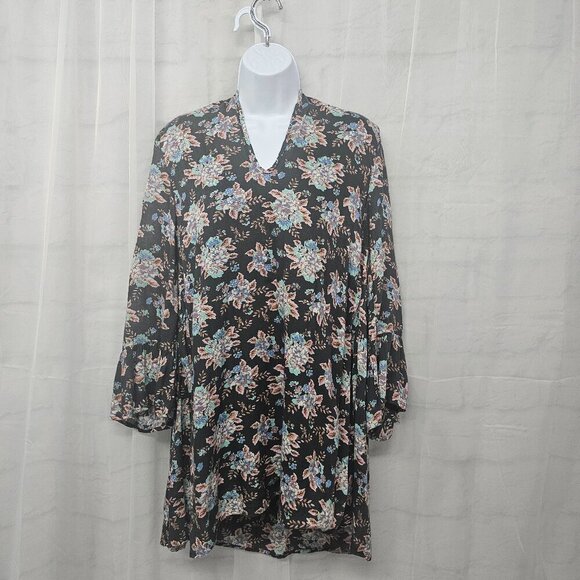 Volcom Gray Blue Floral Peasant Blouse Crochet Festival Tunic Boho Hippie S - Picture 1 of 13